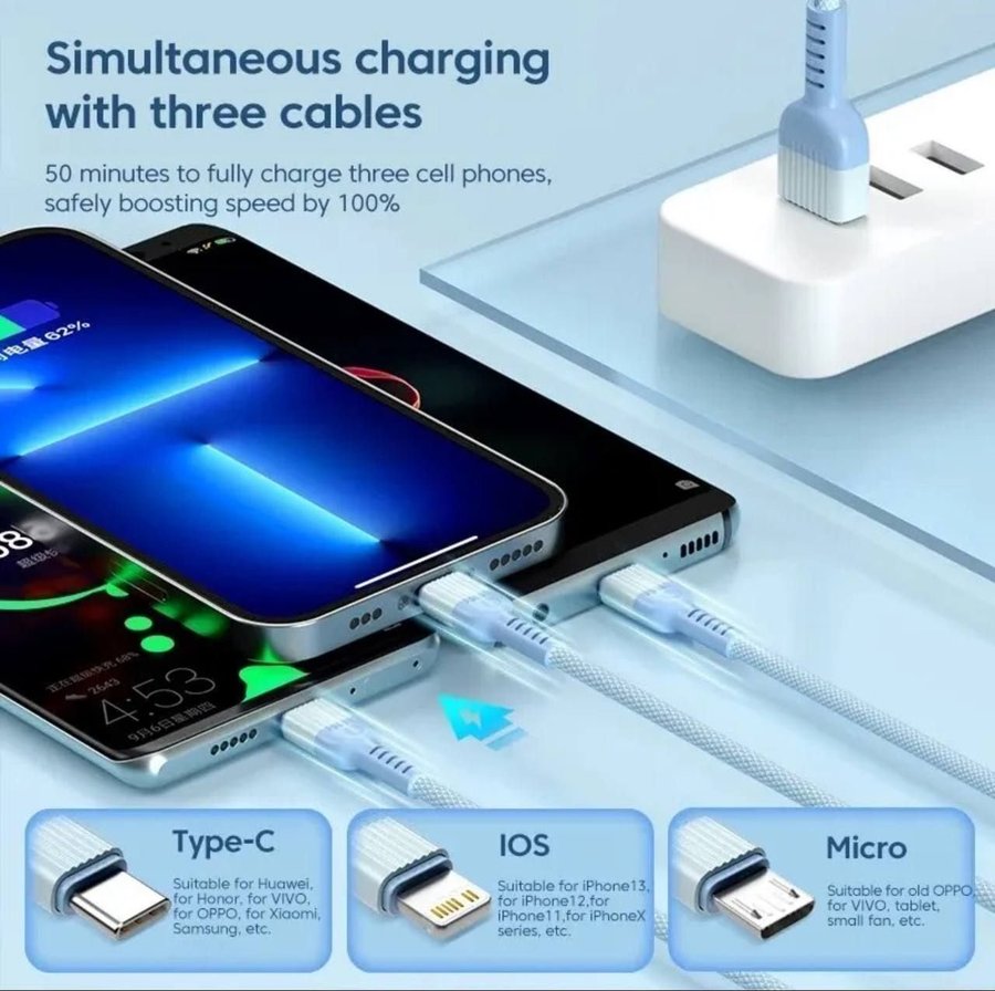 6A USB Cable 3 in 1 Fast Charging USB C Cable 100W Fast Charger Micro USB