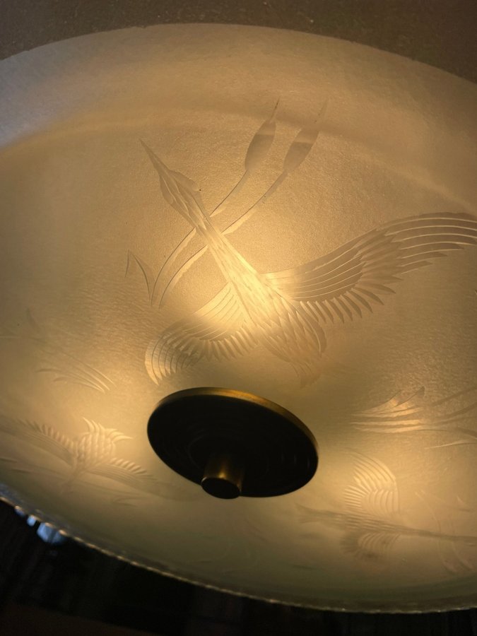 Art deco plafond plafondlampa TAKLAMPA skärm av råglas etsad dekor-fåglar