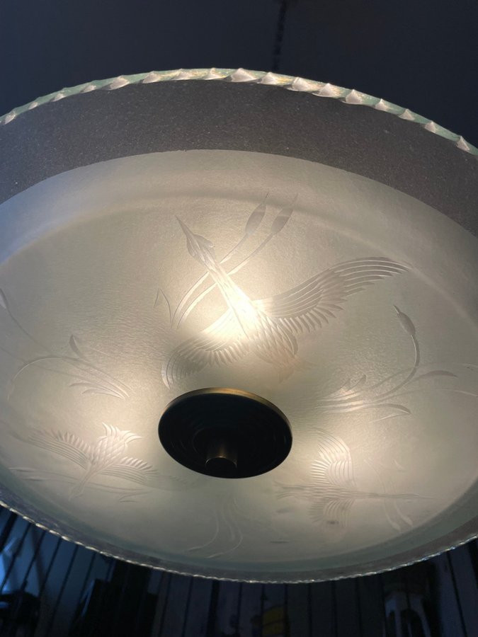 Art deco plafond plafondlampa TAKLAMPA skärm av råglas etsad dekor-fåglar