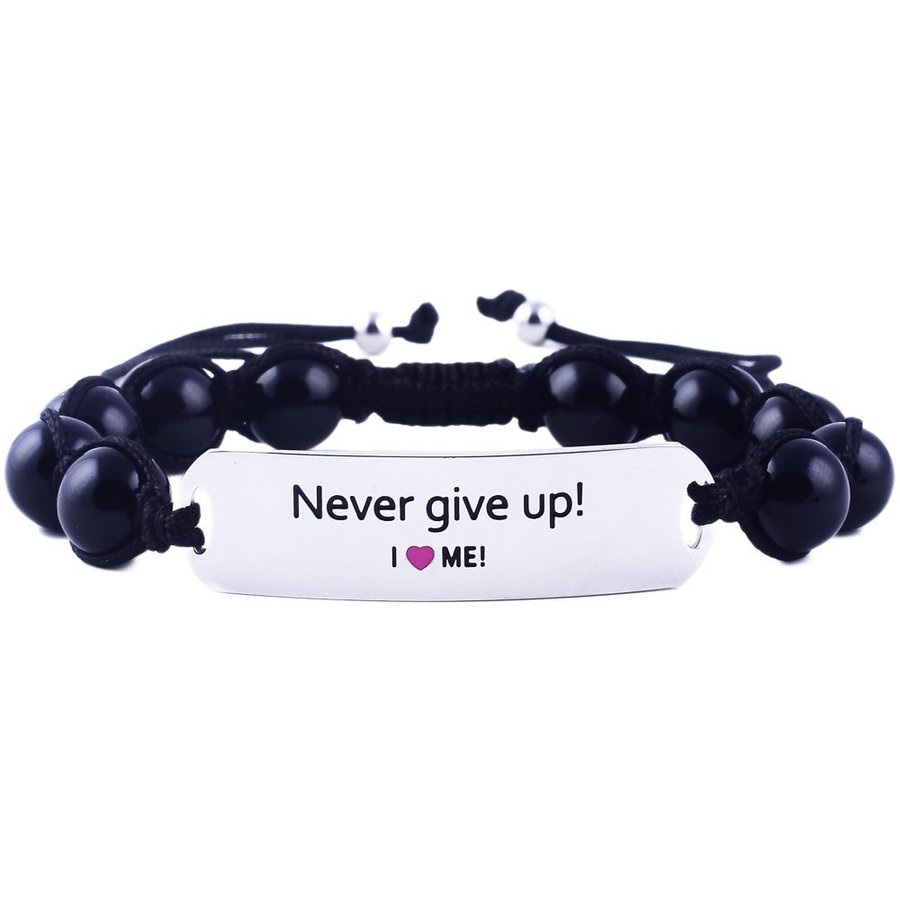 "Never give up!" motivationsarmband i rostfritt stål och naturliga ädelstenar