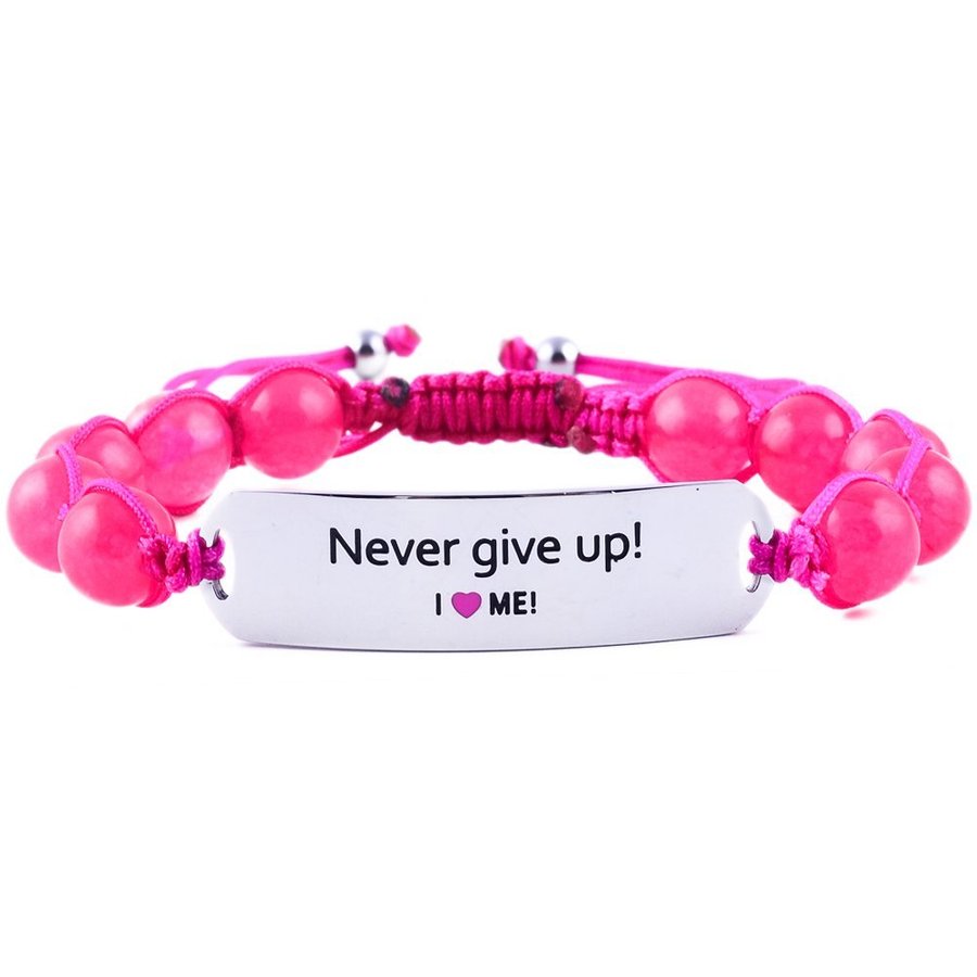 "Never give up!" motivationsarmband i rostfritt stål och naturliga ädelstenar