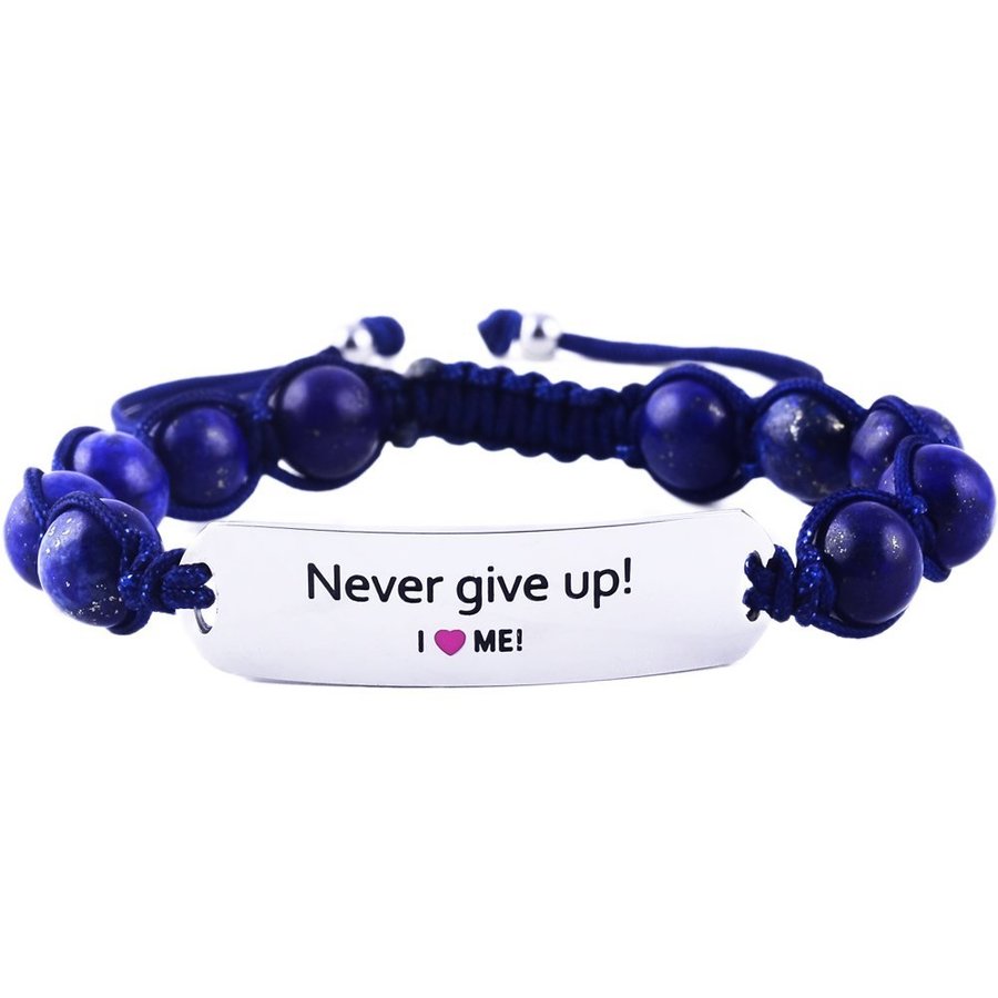 "Never give up!" motivationsarmband i rostfritt stål och naturliga ädelstenar