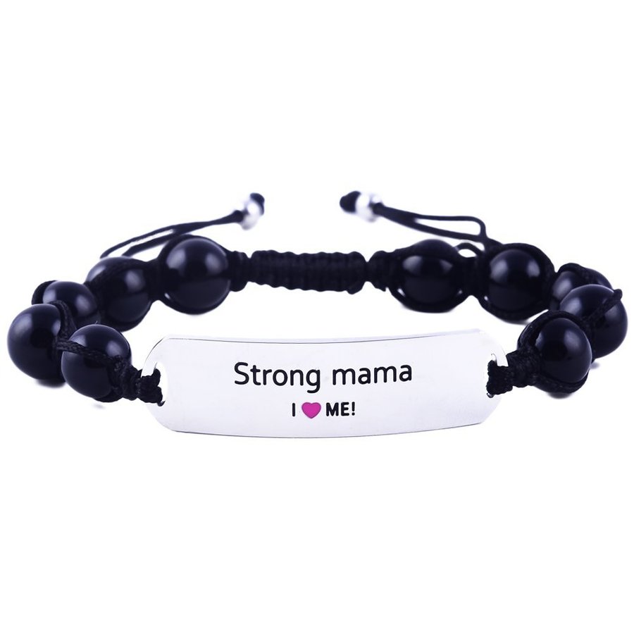 "Strong Mama" motivationsarmband i rostfritt stål och naturliga ädelstenar
