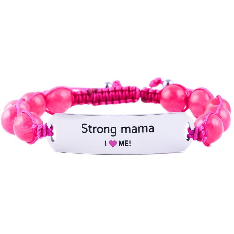 "Strong Mama" motivationsarmband i rostfritt stål och naturliga ädelstenar