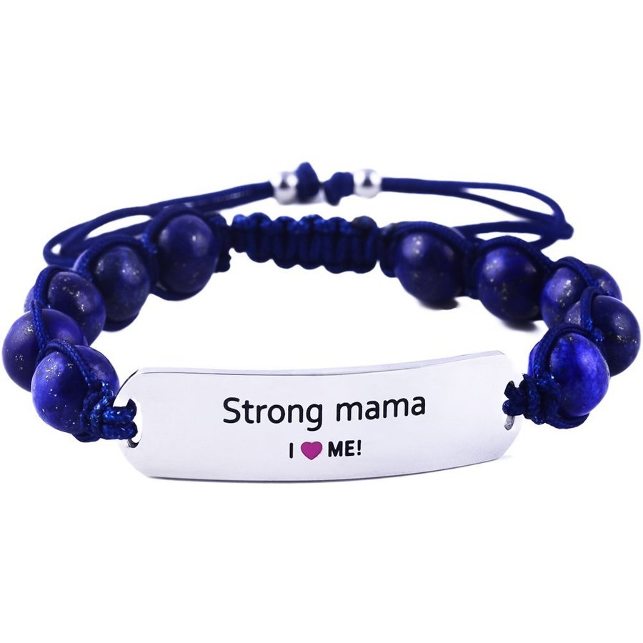 "Strong Mama" motivationsarmband i rostfritt stål och naturliga ädelstenar