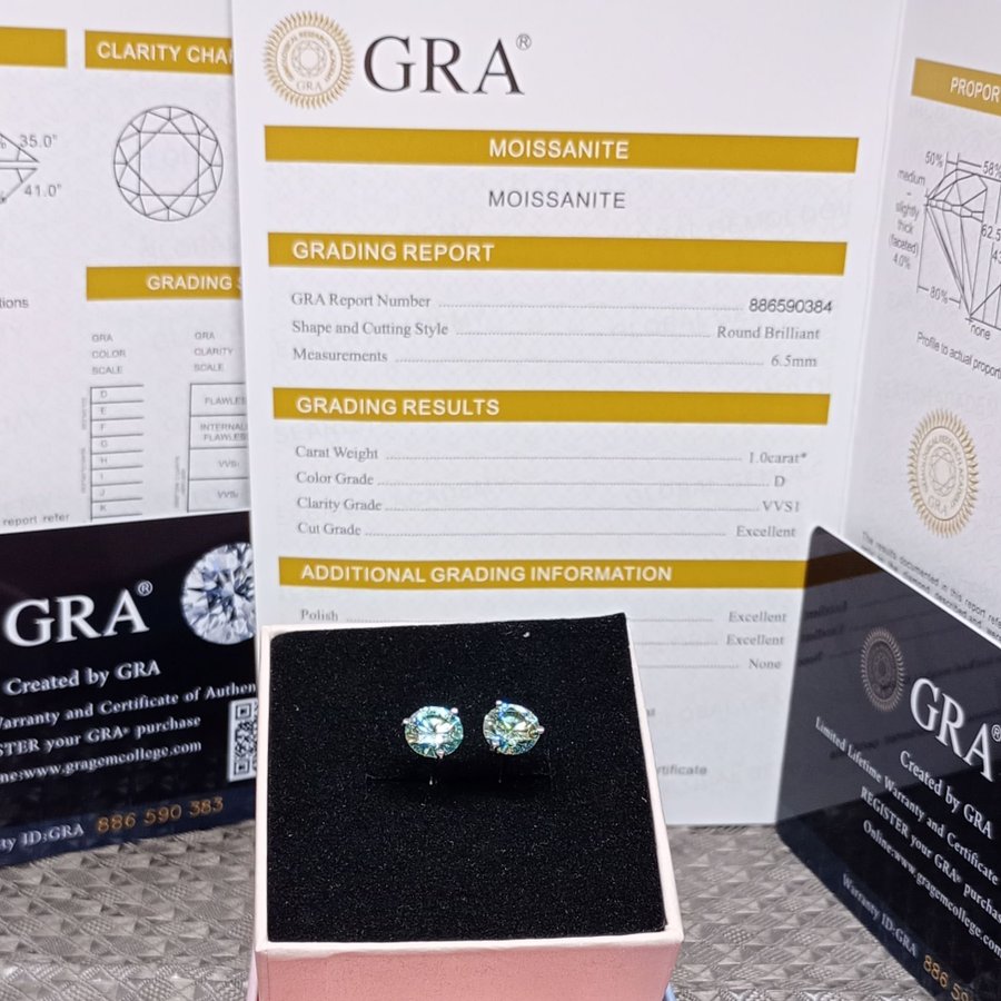 Authentic GRA Certified Blue Moissanite Earrings 1 Carat VVS1 Each Side