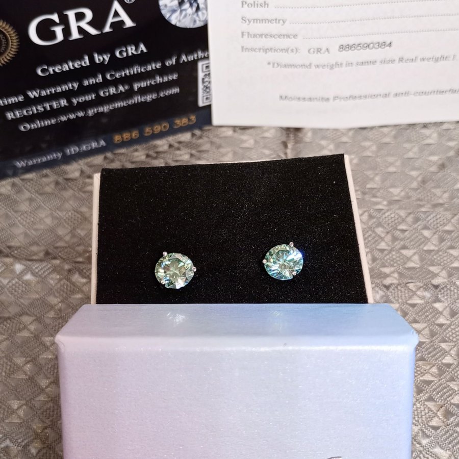 Authentic GRA Certified Blue Moissanite Earrings 1 Carat VVS1 Each Side