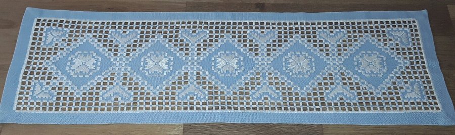 Retro Handbroderad vacker blå LÖPARE duk i Hardanger Välbroderad