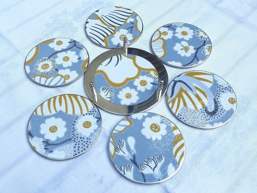 6 st coasters m hållare laminerad tapet Josef Frank Eldblomman Svenskt Tenn