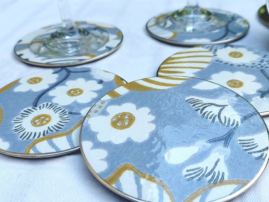 6 st coasters m hållare laminerad tapet Josef Frank Eldblomman Svenskt Tenn