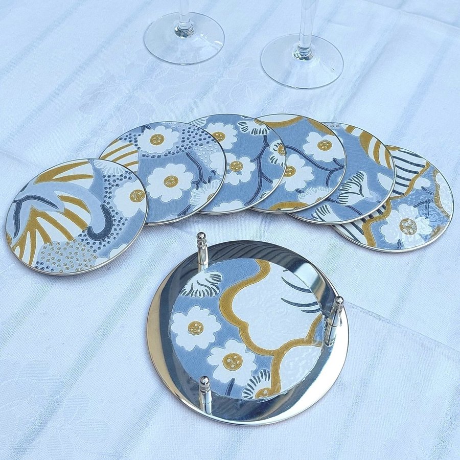 6 st coasters m hållare laminerad tapet Josef Frank Eldblomman Svenskt Tenn