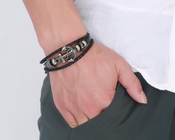 Vintage Men's Anchor Leather Cuff Bangle Jewelry Bracelet Armband Handmade Svart
