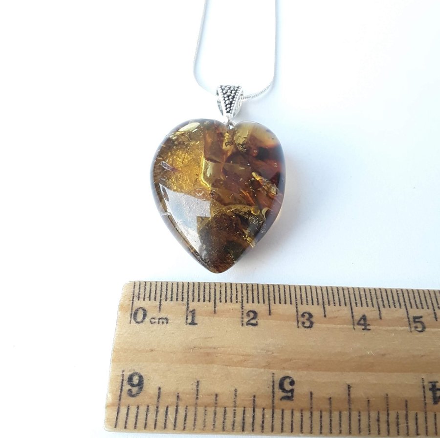 Baltic amber heart pendant necklace Brown gemstone pendant on silver color chain