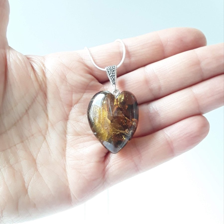 Baltic amber heart pendant necklace Brown gemstone pendant on silver color chain