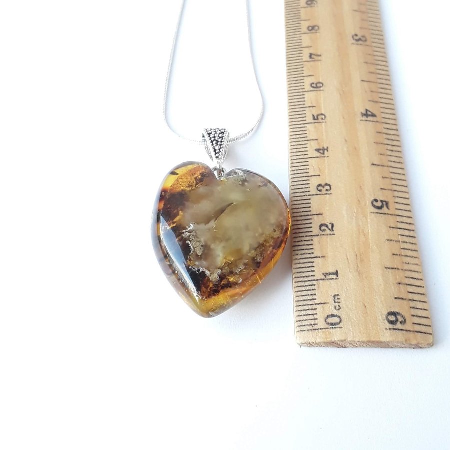 Baltic amber heart pendant necklace Brown gemstone pendant on silver color chain