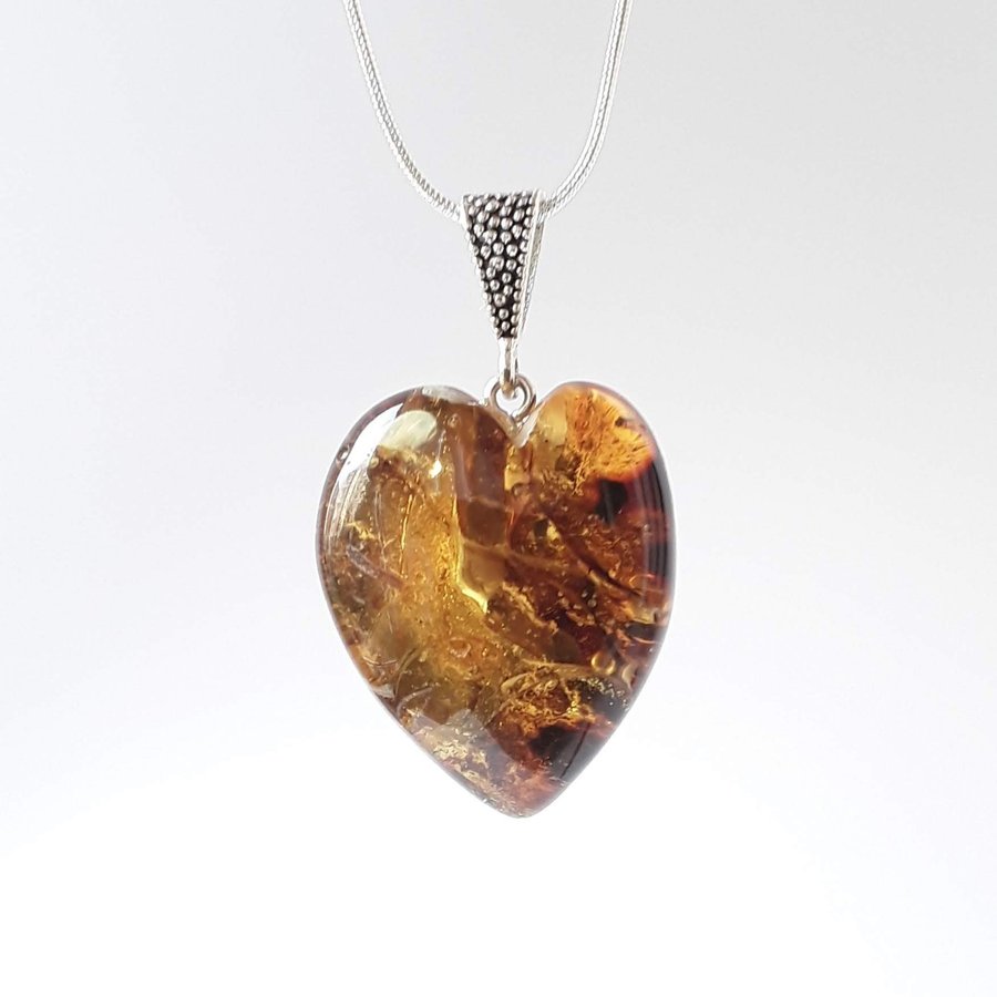 Baltic amber heart pendant necklace Brown gemstone pendant on silver color chain