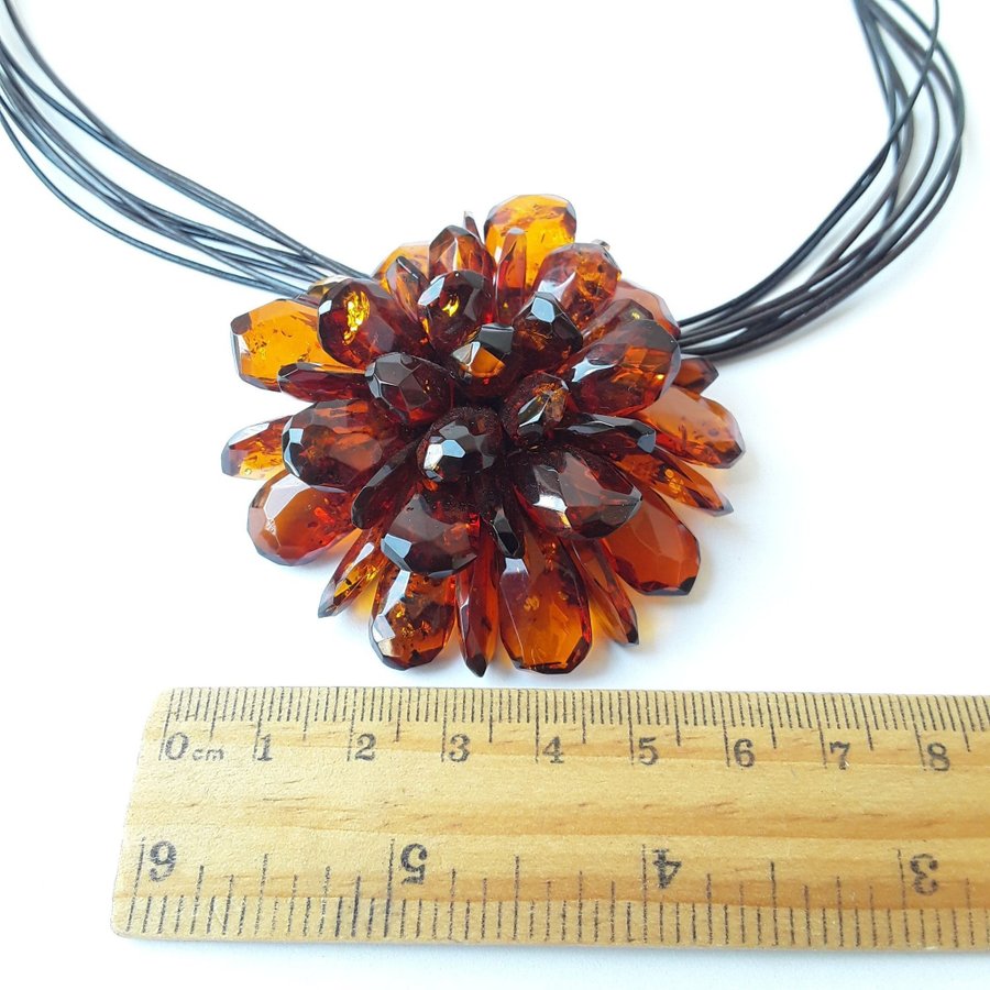 Baltic amber Flower pendant-necklace-brooch Brown gemstone large floral jewelry