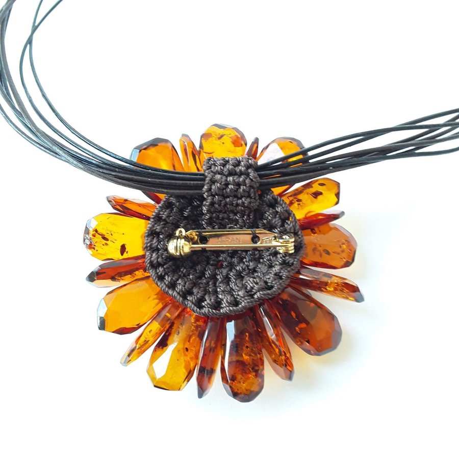 Baltic amber Flower pendant-necklace-brooch Brown gemstone large floral jewelry