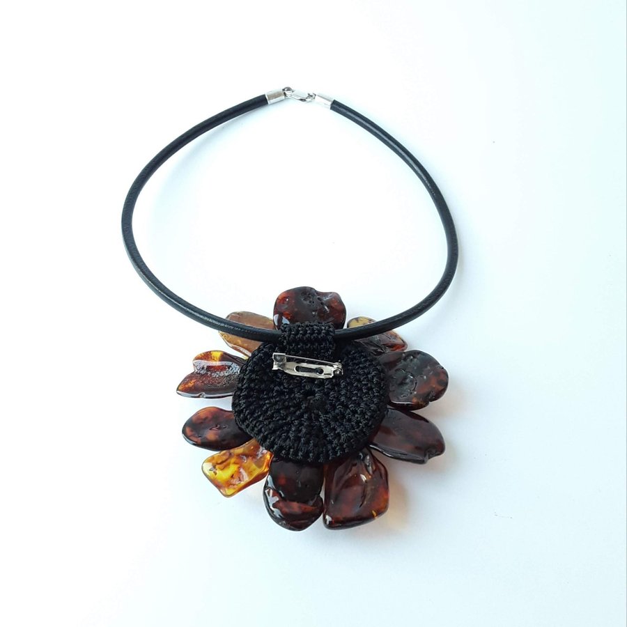 Baltic amber Flower pendant-necklace-brooch Brown gemstone large floral jewelry