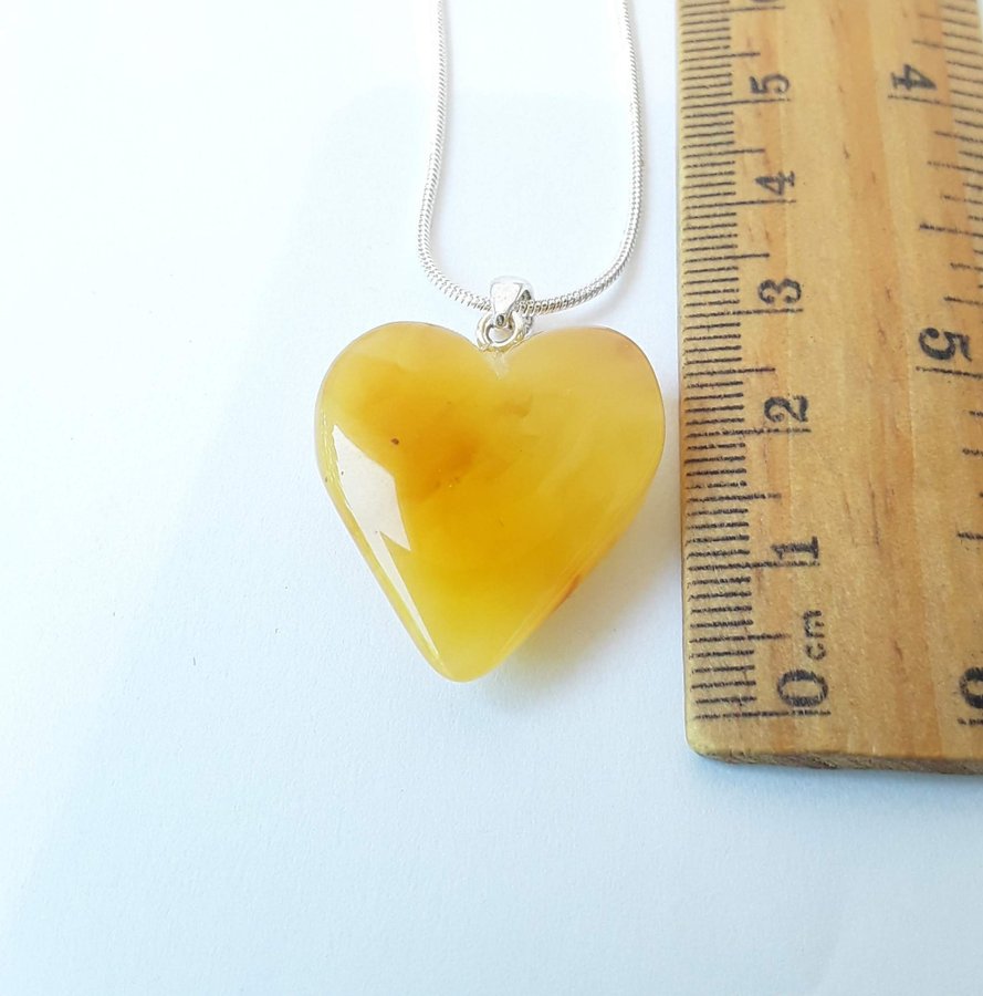 Baltic amber heart pendant necklace Yellow gemstone heart on silver color chain