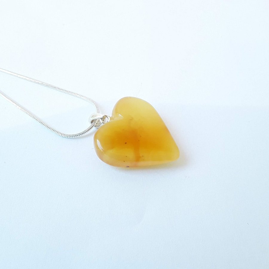 Baltic amber heart pendant necklace Yellow gemstone heart on silver color chain