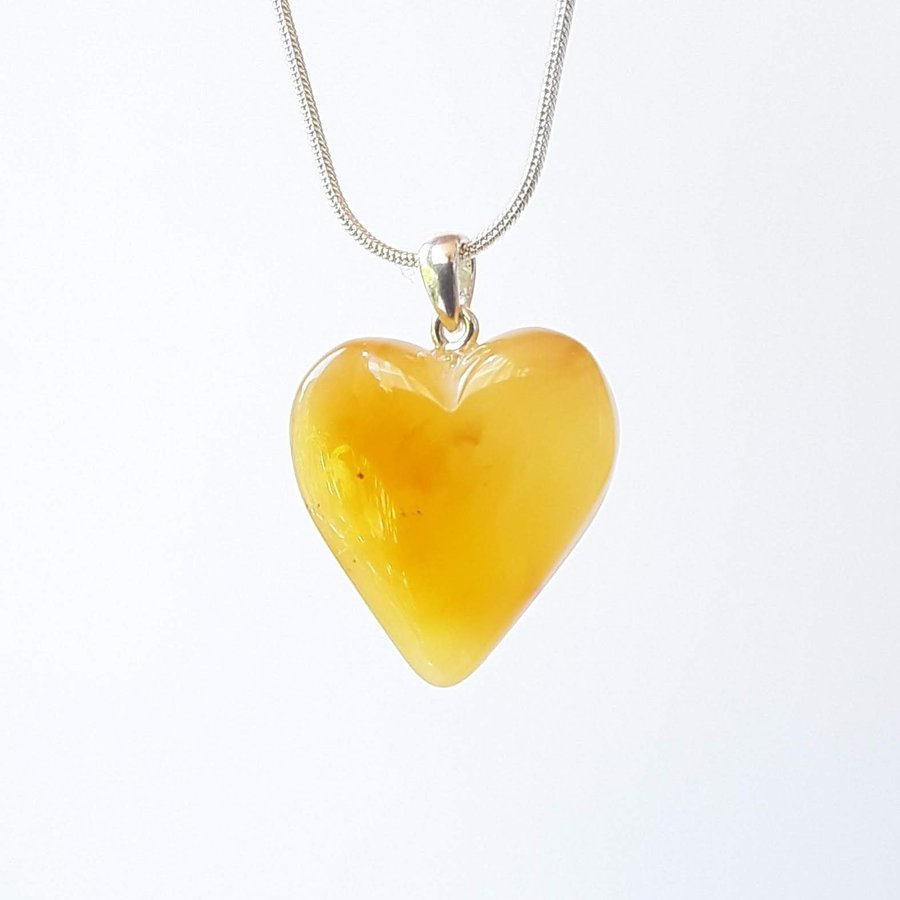 Baltic amber heart pendant necklace Yellow gemstone heart on silver color chain