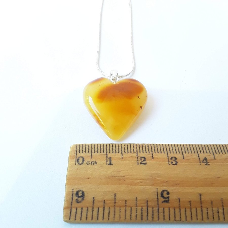 Baltic amber heart pendant necklace Yellow gemstone heart on silver color chain