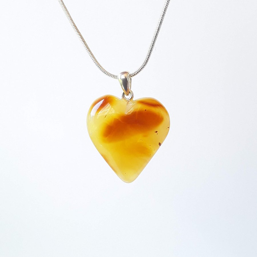 Baltic amber heart pendant necklace Yellow gemstone heart on silver color chain