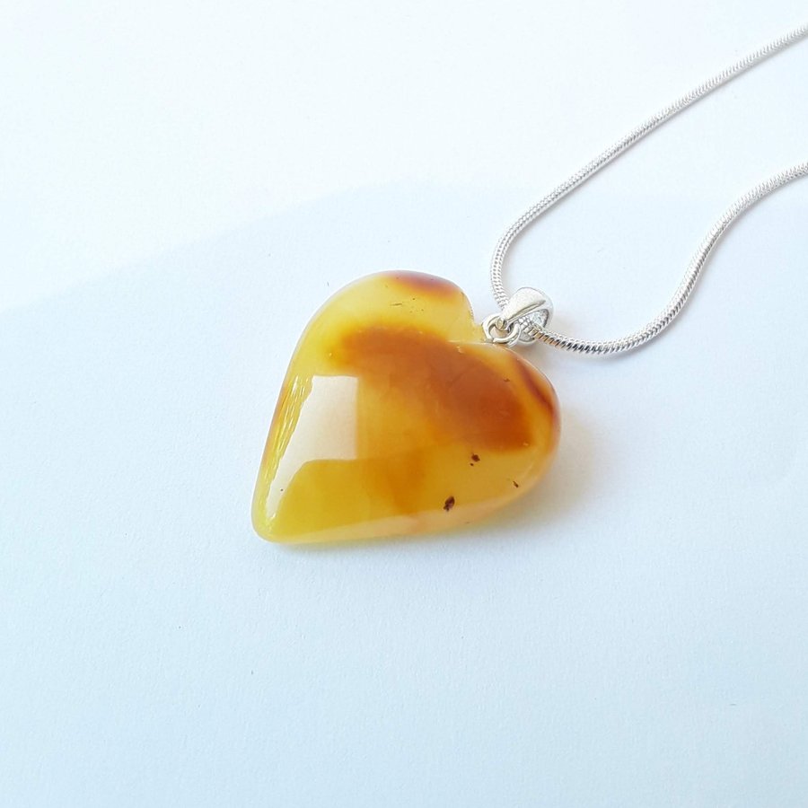 Baltic amber heart pendant necklace Yellow gemstone heart on silver color chain