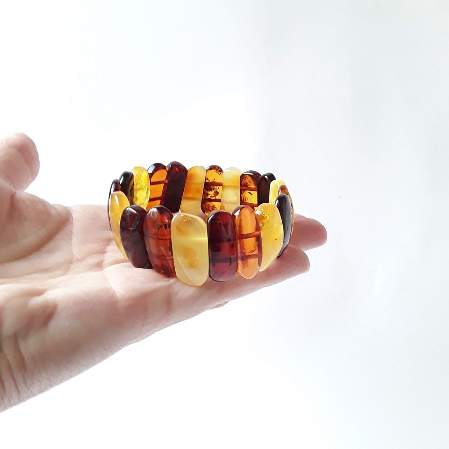 Baltic amber gem bracelet Multicolor stretchy wide amber bracelet women jewelry