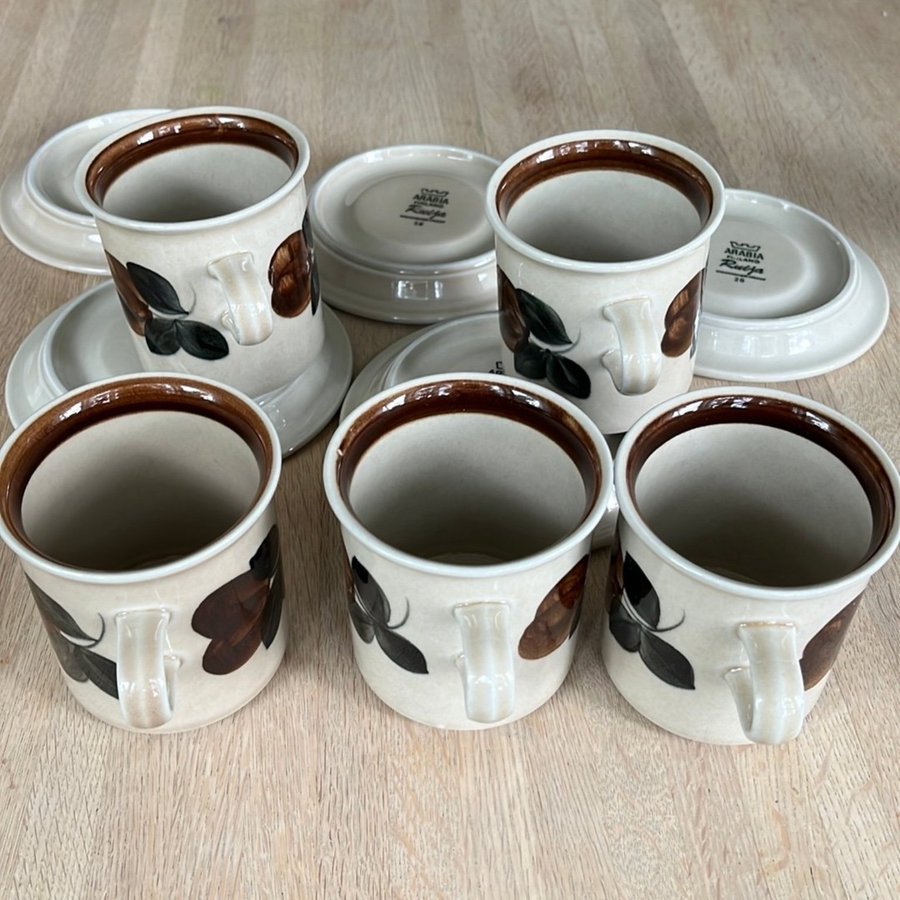 5 stora kaffekoppar/tekoppar med fat - Ruija - Arabia Finland 60-tal