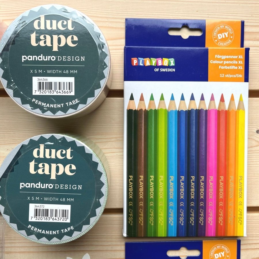 Pysselpaket - Färgpennor saxar Duct Tape textiltejp mm - Oanvänt skick