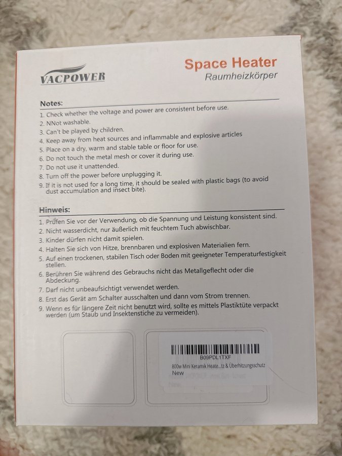 Vacpower Space Heater Model H-921 800W