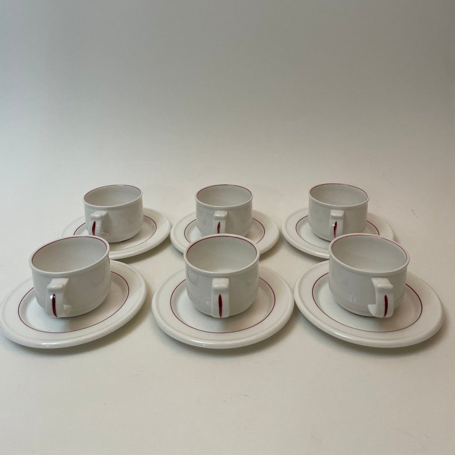 6st Kaffekoppar med fat Gustavsberg "Blanche" Röd linje Karin Björquist