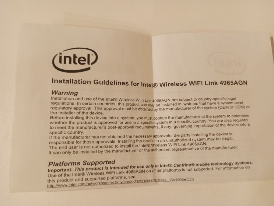 Intel Pro Wireless WIFI Link mini PCI kort modell 4965AGN MM2 CD ROM skiva ingår