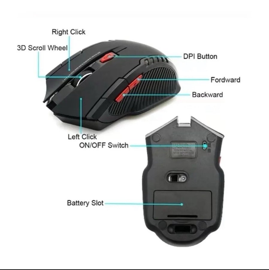 24 GHz trådlös mus Optiska möss med USB-mottagare Gamer 1600DPI 6-knappars