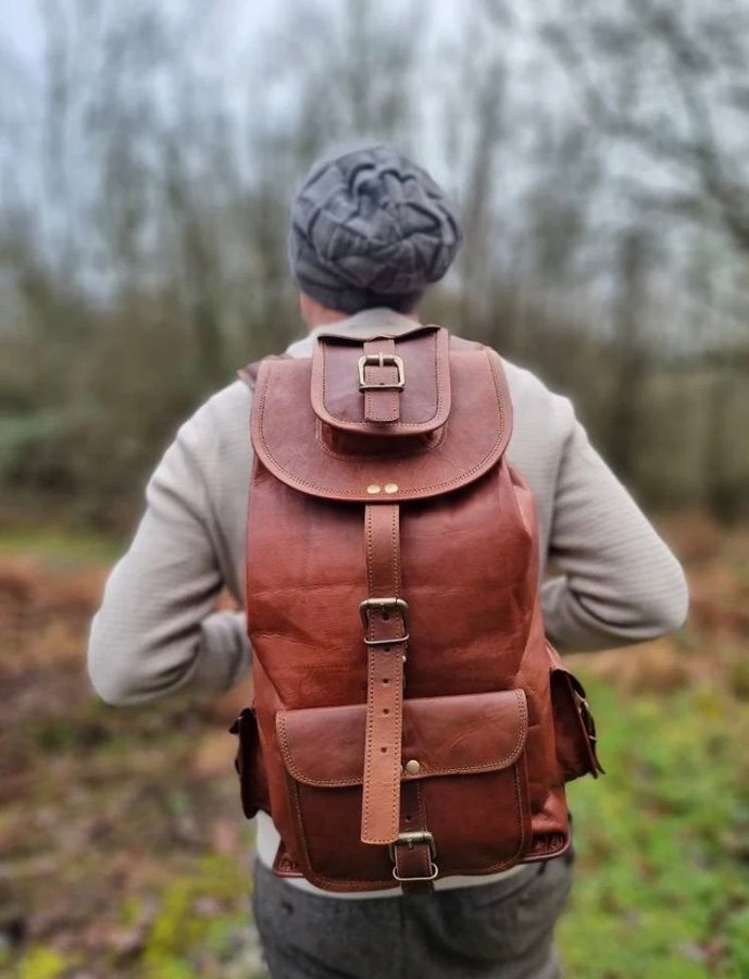 ÄKTA LÄDERRYGGSÄCK Unisex  Boho Ryggsäck Tan Vintage Resväska Stor väska