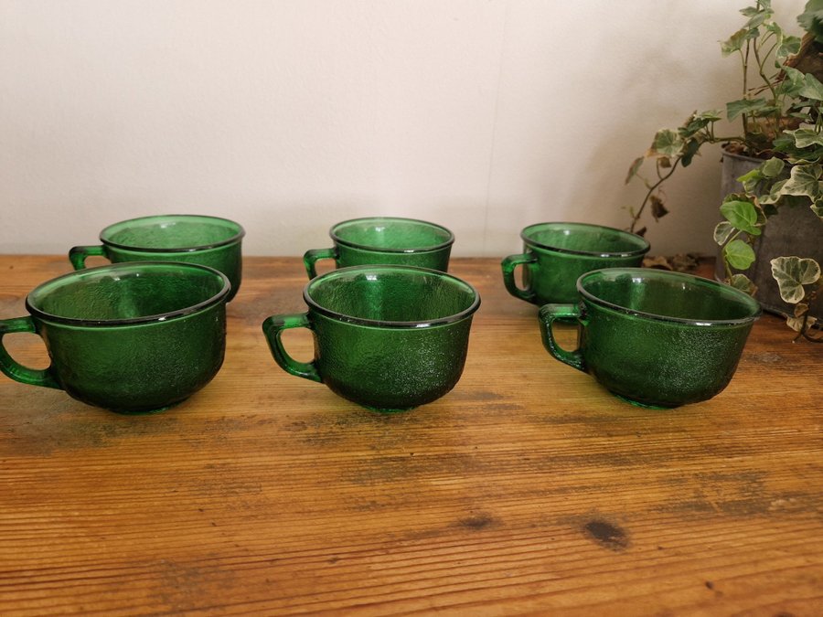 6 st koppar Kaffekopp - Arcoroc Sierra Frankrike - grönt glas RETRO VINTAGE