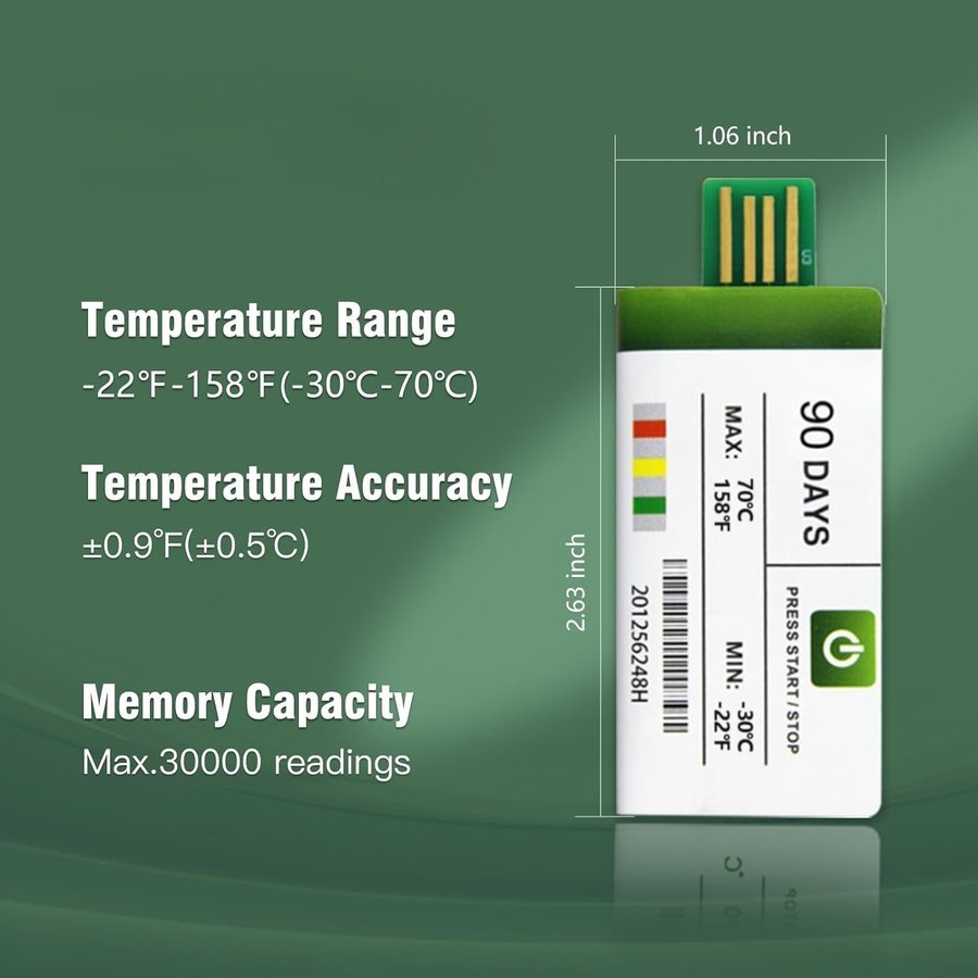 NY USB temp-datalogger med 30000 avläsningar | 180 dagar | PDF CSV rapporter