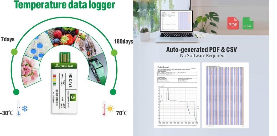 NY USB temp-datalogger med 30000 avläsningar | 180 dagar | PDF CSV rapporter