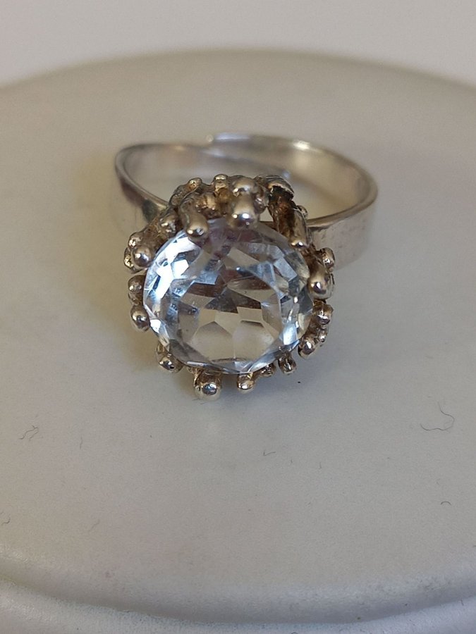 Vintage RING äkta silver 830 BERGKRISTALL stl 17 reglerbar skena Finland ?