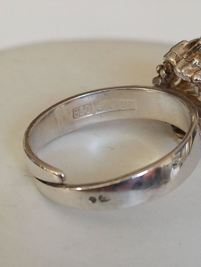 Vintage RING äkta silver 830 BERGKRISTALL stl 17 reglerbar skena Finland ?