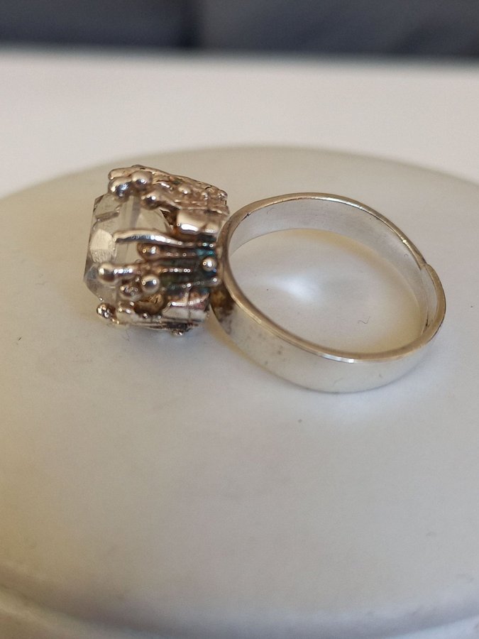 Vintage RING äkta silver 830 BERGKRISTALL stl 17 reglerbar skena Finland ?