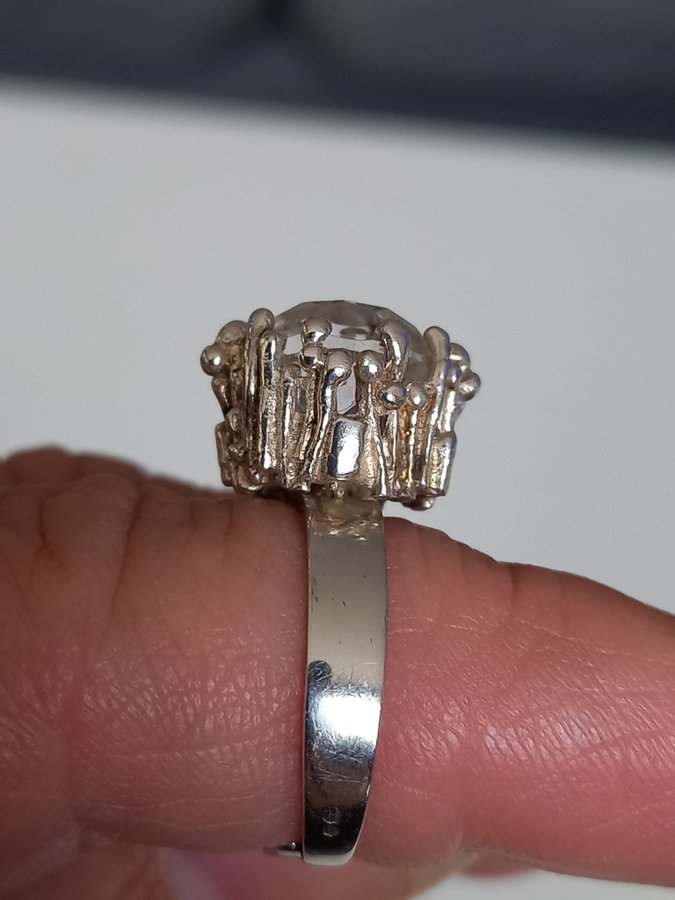 Vintage RING äkta silver 830 BERGKRISTALL stl 17 reglerbar skena Finland ?