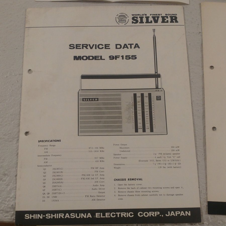 Serviceblad för transistor-radio Silver och andra