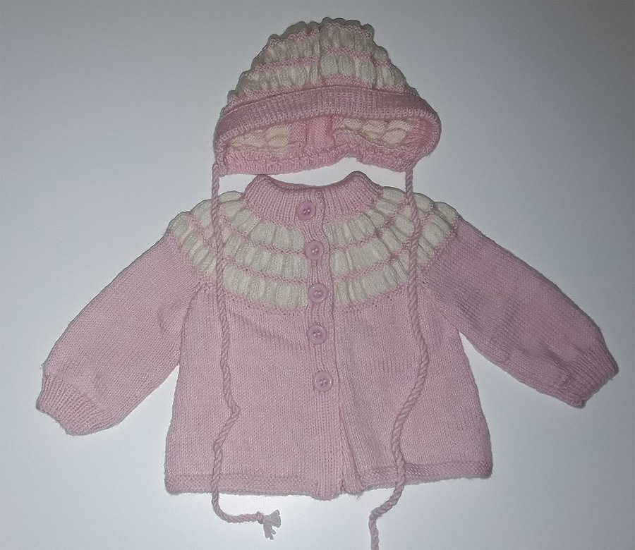 Hemstickad tröja med mössa för bebis ljusrosa med vita ränder randig T3