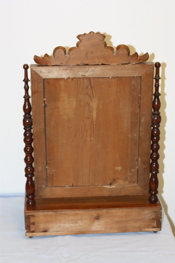 Gammal Antik spegel i ädel trä med låda under RETRO