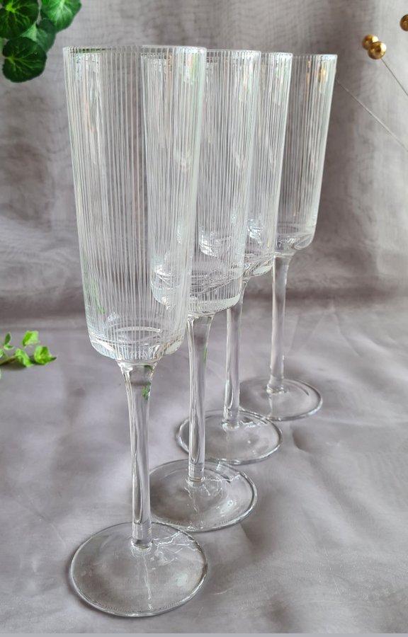 VINTAGE Champagneglas 4st RETRO Glas med Handslipade Ränder Höjd: 23 cm MKT FINA