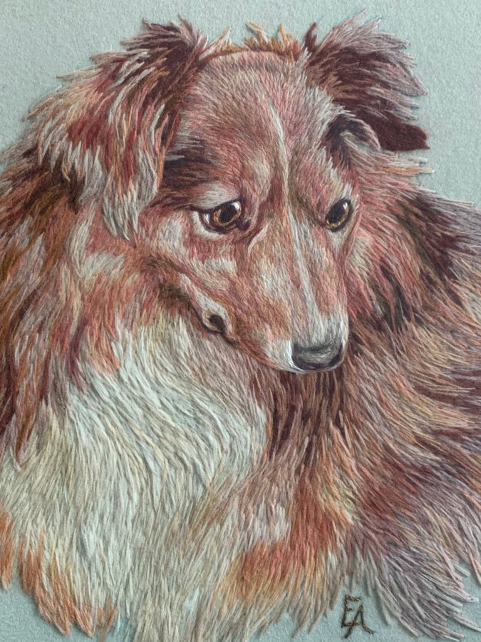 Ett fantastisk Broderi av en collie - Ram 37 x33 cm - Tidigt 1900-tal - Sign EA