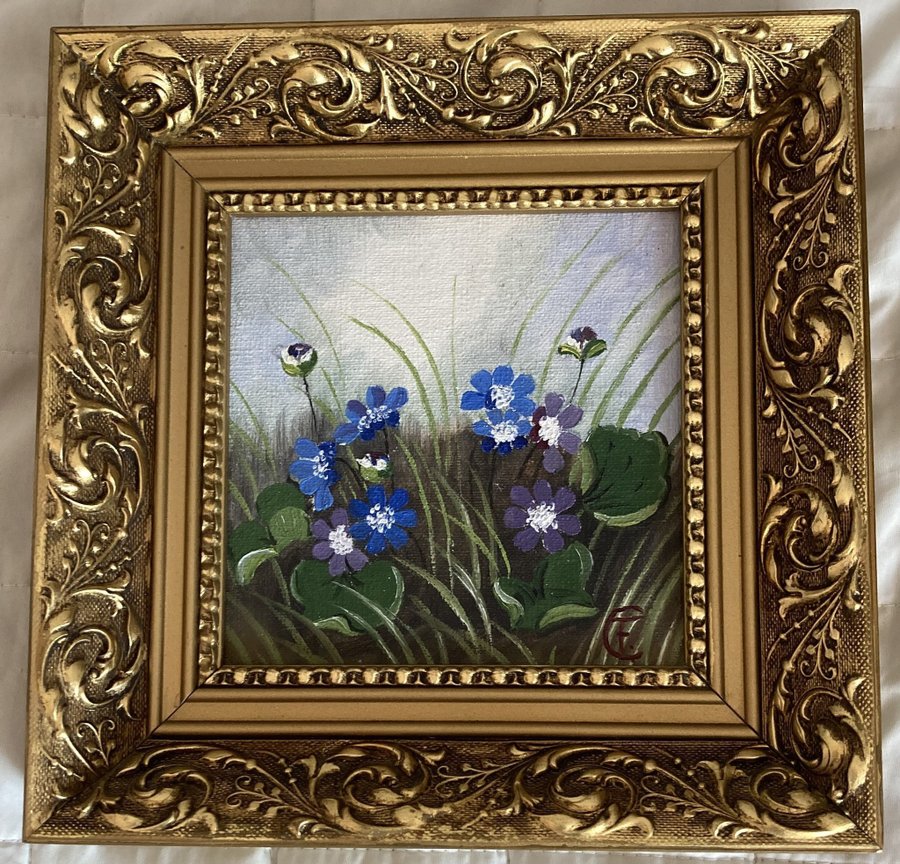 OLJA PÅ DUK SIGNERAD CF BLOMSTERSTILLEBEN MED GULDRAM - RAMENS MÅTT 23X23 CM